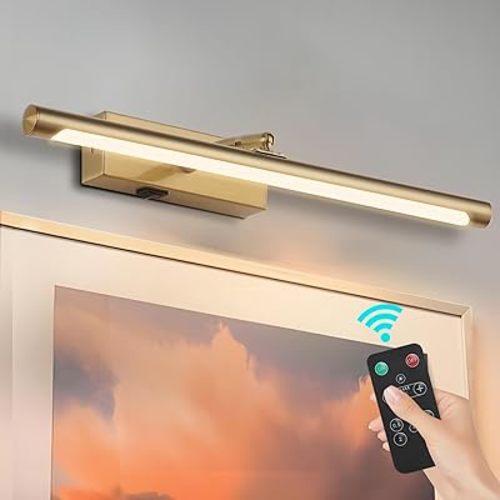 Picture Light for Wall Battery Operated, 16" Rechargeable Art Light with Remote and Timer for Painting, 5000mAh Wireless Wall Sconce for Display, Artwork, Portrait, Gallery, Gold