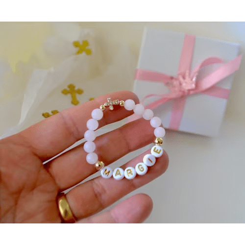 18K Gold Cross Rose Quartz Baby Bracelet, Personalized Girls Name Jewelry