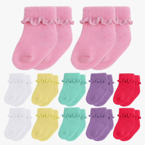 Toulite 12 Pairs Preemie Newborn Baby Ankle Socks Ruffle Turn Cuff Cotton Non-slip Warm Socks for Girls and Boys Infant