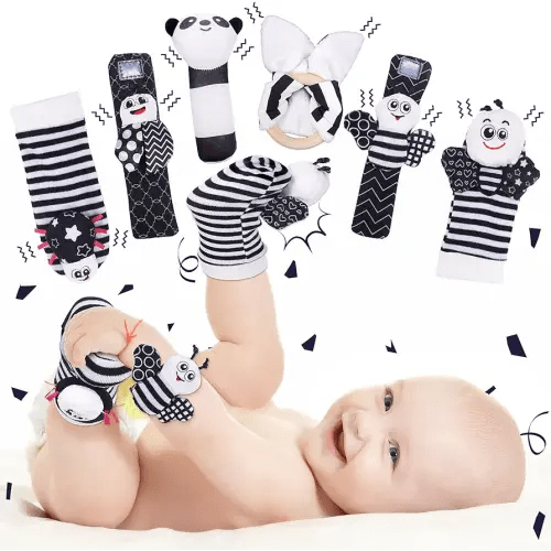 Baby Rattle Socks 0-3-6-12 Months: 6 Pcs Black and White Baby Wrist Sock Toys for 0-3 Month High Contrast Newborn Baby Toys Infant Gifts for Boys Girls 0-6 6-12 Month Babies