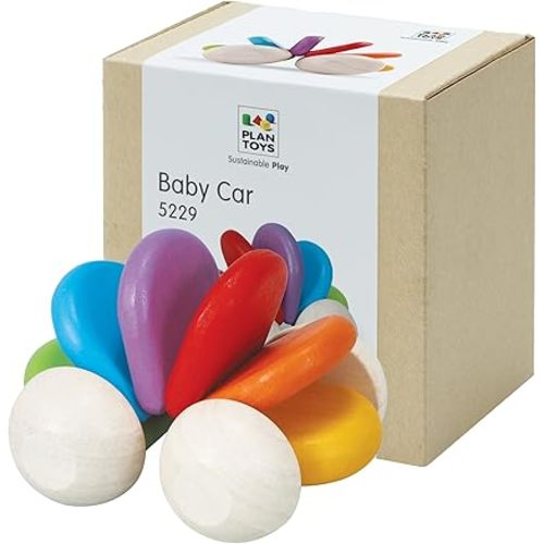 PlanToys® Wooden Baby Push Toy Car | Colorful Montessori Toy for Infants | Wooden Baby Toy with Flexible Body | Sensory & Motor Skill Development Toy for 6+ Months