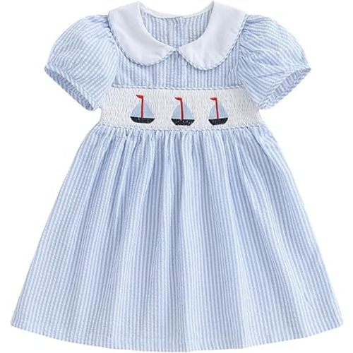 Toddler Baby Girl Sailboat Outfit Smocked Dresses Doll Collar Dress Cute Little Girls Summer Clothes (sail Boat Blue, 6-12 Months)