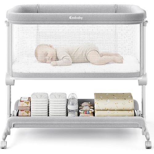 Ezebaby Baby Bassinets Bedside Sleeper, Portable Bedside Bassinet for Baby Newborn Infants with Adjustable 7 Heights and All Mesh Sides, Newborn Crib with Mattress and Soft, Breathable Sheet