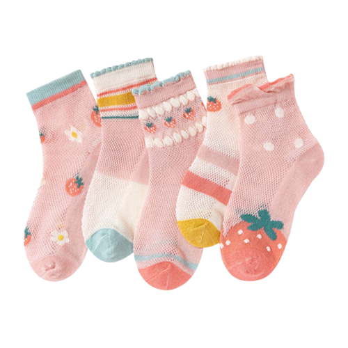 Splozh Toddler Baby Socks Cotton Children's Girls Socks Mesh Breathable Soft Comfortable Cute Cartoon Strawberry Pattern Daily Walking Wear 5PCS Pink,0-2 Years