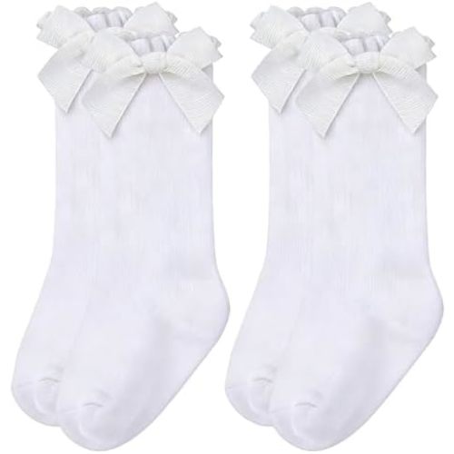 Baby Girl Knee High Socks with Bows Soft Cotton Ruffle Long Stockings Smooth Sole Infant Toddler Uniform