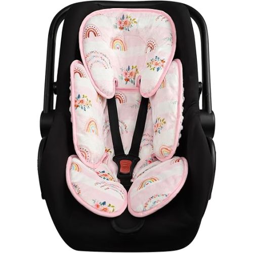 Pea Pod Infant Car Seat Insert 2-in-1 Baby Car Seat Head & Body Support for Newborn Preemie Carseat Stroller Cushion Pad Headrest with Soft Minky Dot Fabric Backing, Rainbow & Floral