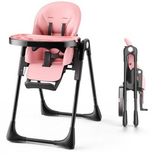 Kinder King Foldable High Chair for Baby, Toddler Feeding Chair with Detachable Double Trays, Pink & Black