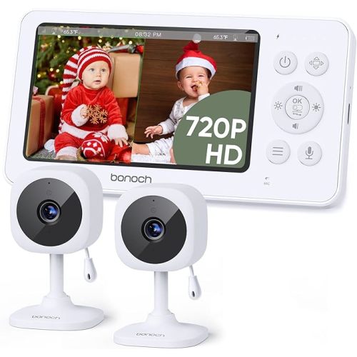 bonoch 4.3" 720p Split Screen Baby Monitor 2 Cameras No WiFi, Video Monitor with Camera and Audio, 4000mAh Battery Video Baby Monitor, VOX Mode, 2 Way Audio, Night Vision, PTZ, Hack Proof