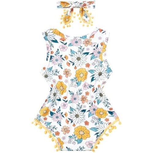 UNICOMIDEA 0-24 Months Baby Girl Romper with Headband 3D Printed Sleeveless Infant Summer Outfits