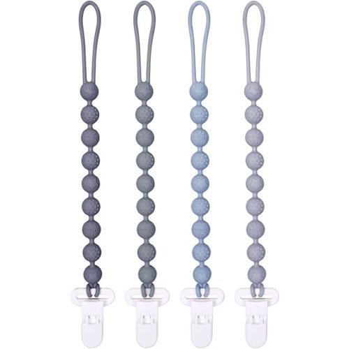 One Piece Design Silicone Pacifier Clip Holder,Pack of 4 Flexible Paci Leash,Binky Clips with Textures for Baby Boys and Girls,Newborn Essential (Gray)