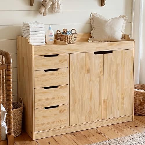 47.2" Solid Wood Baby Changing Table Dresser, Natural | 4 Drawers and 2 Doors, Changing Table Top, Safety Guardrails, Modern Nursery Dresser