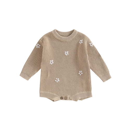 BABAMOON Newborn Baby Girls Autumn Winter Sweater Romper Long Sleeve Flower Embroidery Knit Jumpsuit