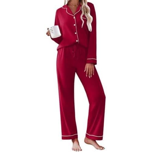 Ekouaer Womens Pajamas Set Cotton Long Sleeve Button Down Sleepwear Top and Long Pants Set Soft 2 Piece Pjs Lounge Set S-XXL