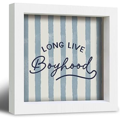 Boy Nursery Signs Decor, Boys Room Decor, Long Live Boyhood Retro Blue Striped Wood Frame Signs for Kids Baby Boy Nursery Toddler Room Bedroom Playroom Decorative Signs & Plaques