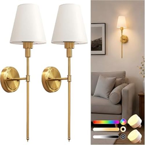 DORESshop Battery Operated Wall Sconce: Set of 2 Wireless Wall Light 12000mAh, 15 Color Rechargeable Wall Sconces, Sconce Wall Decor Set of 2 for Bedroom, Living Room, Gold, 24.6in