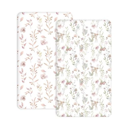Crib Sheets for Boys and Girls, 2 Pack Fitted Baby Sheets for Standard Toddler Mattress 28" x 52", Soft Breathable Jersey Knit Baby Bedding (Floral Fawn)