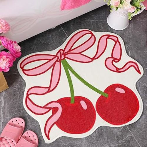 Duraaamo Cherry Bow Bathroom Rug Cute Cherry Decor for Kitchen Bath Mat 23.62 x 21.26 Pink Bow Rug Non Slip Absorbent Coquette Carpet Fruit Bathroom Decor for Living Room Home Bathtub