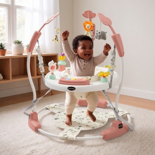 Kinder King Baby Activity Center Jumper, 360° Rotating Seat, 3-Level Adjustable Height, Interactive Toys, Removable Foot Mat, Pink