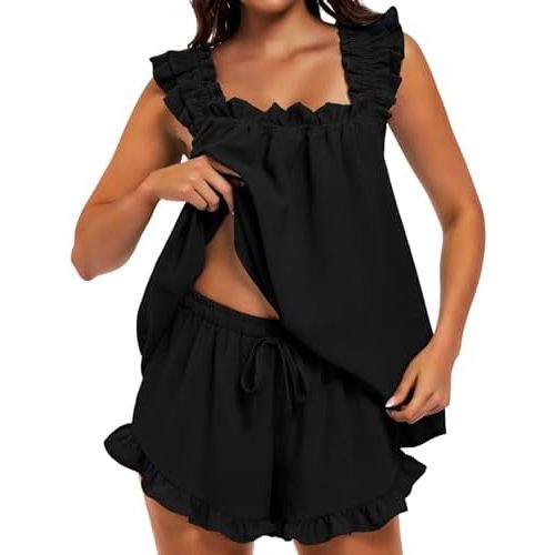 SIMIYA Pajama for Women Set 2 Piece Ruffle Pj Soft Tank Top and Shorts