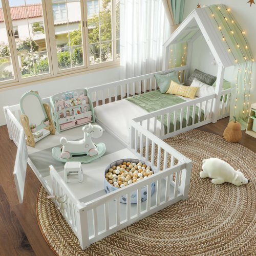 Ophelia & Co. Full House Floor Bed with Door & Full-Length Guardrails – Double Twin Floor Bed for Kids, Multi-Functional,Natural | Wayfair