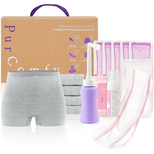 18 Pcs Postpartum Essentials Recovery Kit, Includes 5 Disposable Underwear, 24 Perineal Soothing Pad Liners, Perineal Soothing Foam, 5 Instant Ice Pads, Peri Bottle and 5 Postpartum Pads