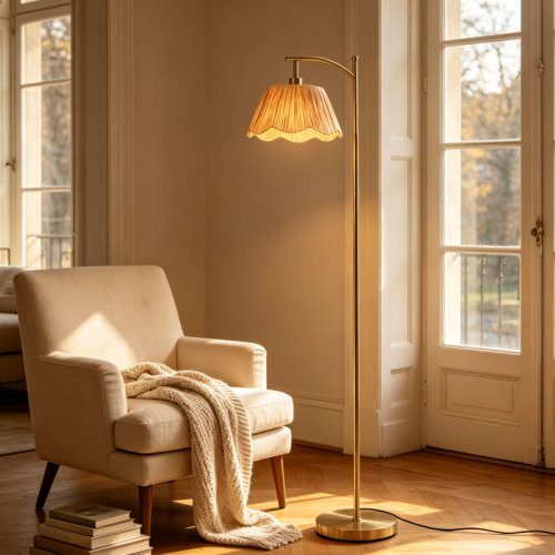 Latitude Run® 62.5" Vintage Brass Floor Lamp With Pleated Shade, 3-color Temperature Led Bulb & Foot Switch | Wayfair