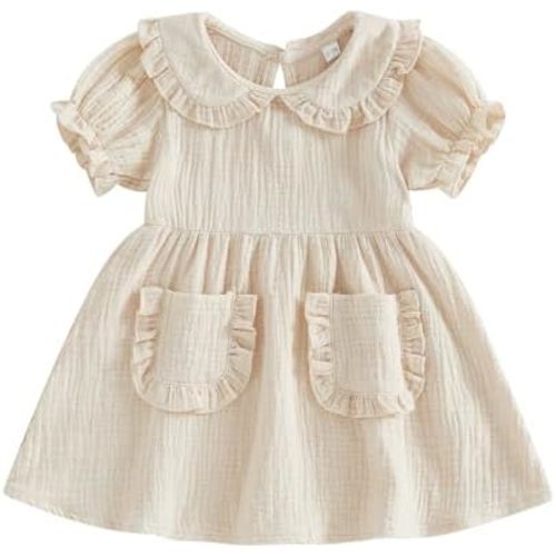 VISGOGO Toddler Baby Girl Dress Linen Long Sleeve Solid Color Girls 12 18M 2T 3T 4T 5T Dresses with Pocket for Spring Summer