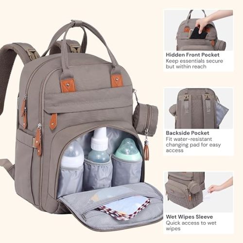 BabbleRoo Diaper Bag Backpack - Baby Essentials Travel Tote - Multi Function Water Resistant Diaper Bag, Travel Essentials Baby Bag with Changing Pad, Stroller Straps & Pacifier Case - Unisex, Khaki