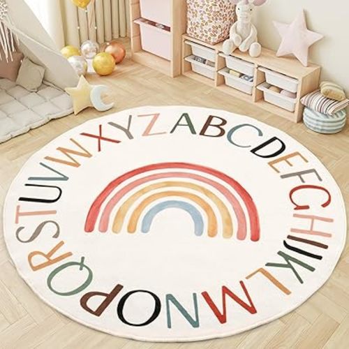 Nursery Rug Round Rainbow Classroom Rug Elementary, Non-Slip Rainbow Rug for Girls Room, Extra Large Learning Carpet for Kids Playroom, Circle Play Mat for Toddlers