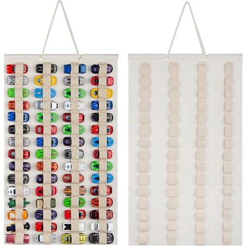 Hanging Storage Organizer for Toy Cars Felt Display Case Hold Up 60 Toy Cars (Cream)