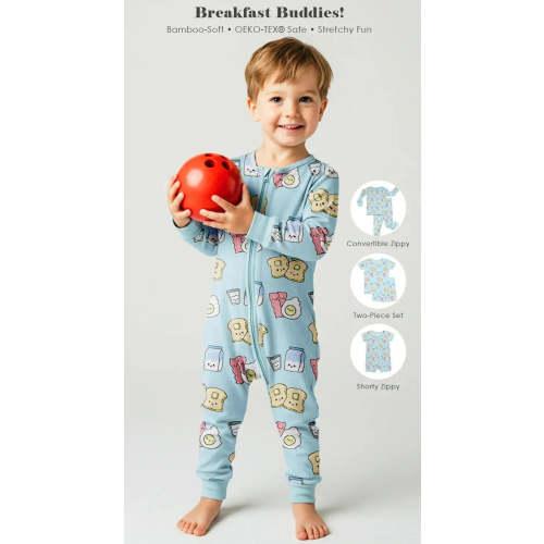 Blue Breakfast Buddies Bamboo Convertible Zippered Romper