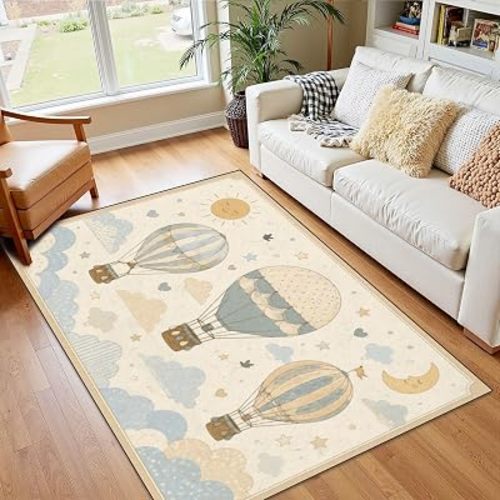 4x5 Boho Rug Rugs for Living Room Rugs for Entryway Whimsical Hot Air Balloons Clouds Sun Bedroom Rug Door Mat Nursery Room Decor Rainbow Carpet