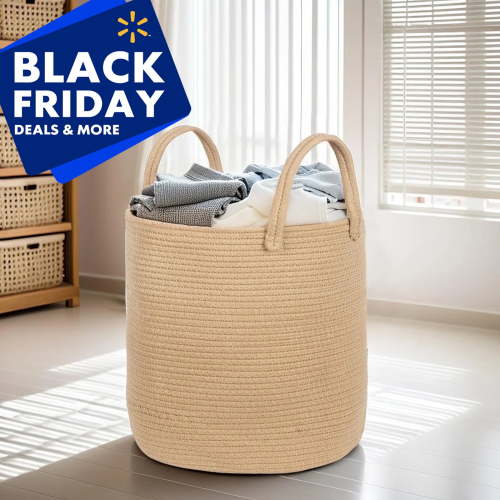 PinkSheep Laundry Basket, Collapsible Woven Cotton Rope Laundry Hamper Storage Baskets with Handles, Khaki