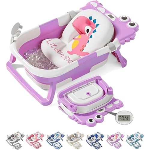 TPN Collapsible Baby Bathtub, Baby Bath Tub with Soft Cushion & Real-Time Thermometer, Baby Bathtub Infant to Toddler Tub (0-36 Months), Portable Newborn Travel Bath Tub