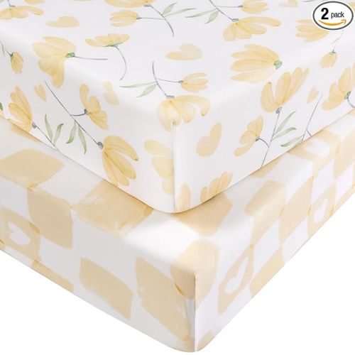 Baby Crib Sheets for Boys and Girls, Fitted Crib Sheets 52" x 28", Soft Breathable Microfiber Sheets for Standard Crib and Toddler Mattress, 2-Pack Yellow Flowers