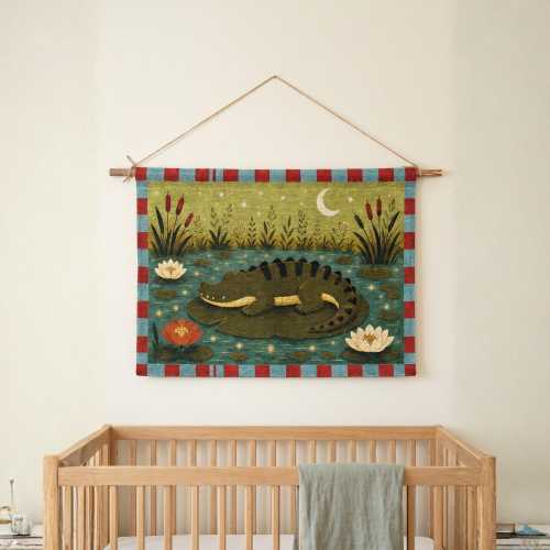 Animal Kid Wall Decor, Alligator Nursery Woven Tapestry, Crocodile Wall Hanging, Jungle Playroom Decor, Moon and Stars Kids Room Art