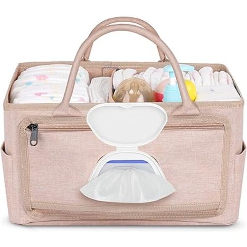 Premium Diaper Caddy with Smart Side Wipes Pocket, Diaper Organizer, Portable Car Organizer & Nursery Basket for Newborn Essentials, Perfect Registry Must Haves for Boys & Girls, Beige