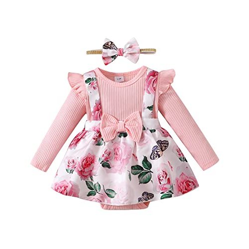 HIGHUZZA Baby Girl Winter Clothes Toddler Girl Spring Outfit Long Sleeve Ruffle Romper Suspender Skirt Headband Set