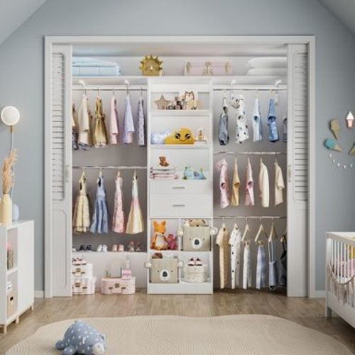 Besiost 8FT Closet Organizer System with Wood Drawers and Cubbies, White Wardrobe with 5 Hanging Rods