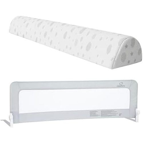ComfyBumpy Toddler Bed Safety Bundle – 55.5" L x 19.5" H Swing-Down Mesh Bed Rail + 52" x 5" Foam Bed Bumper | Twin, Full, Queen & King Mattress Protection | Anti-Slip, Washable Covers