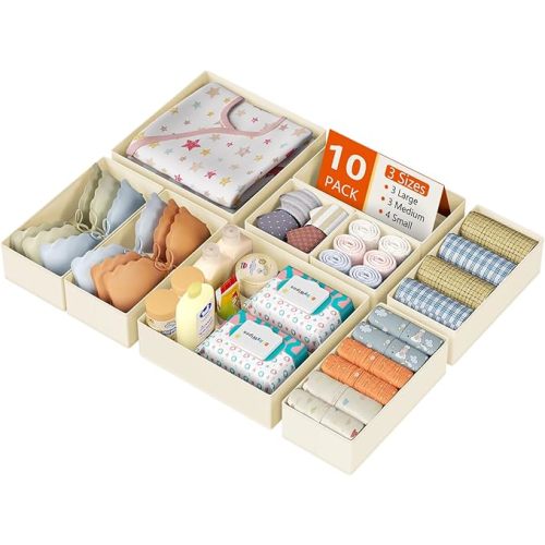 DIMJ Drawer Organizer Clothes, 12 Pack Dresser Organizer, Foldable Closet Organizers and Storage, Fabric Dresser Bins, Drawer Dividers for Nursery, Baby Clothes, Underwears, Sock (Beige)