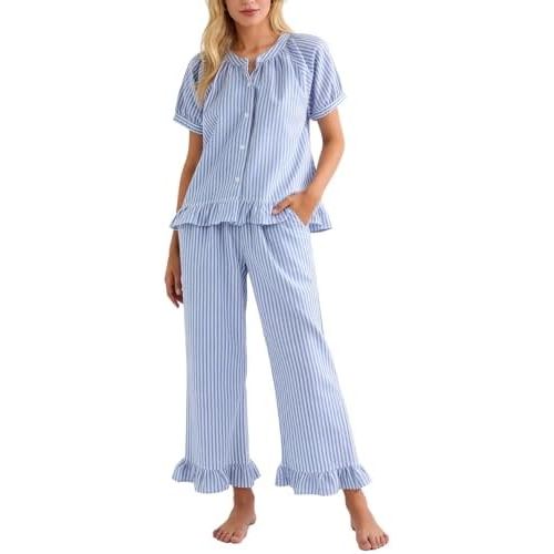 Flygo Womens Striped Pajama Sets 2 Piece Cotton Pjs Lounge Set Ruffle Button Down Tops Long Pants Soft Sleepwear with Pockets