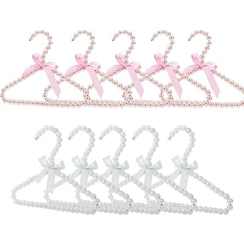 Pearl Hangers for Pet Clothes, Mini Clothing Hangers with Exquisite Design, Reliable Material, Wide Usage for Infant Baby Girls Boys Toddlers Dogs Cats (10pcs-White&Pink)