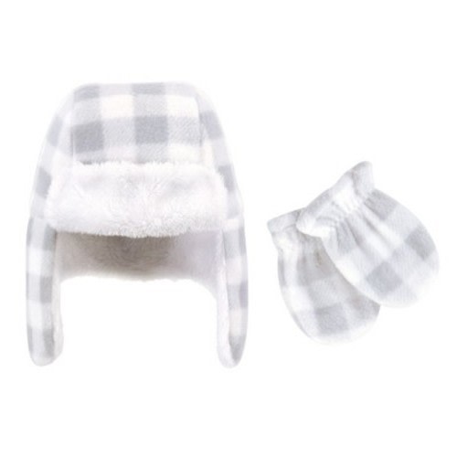 Hudson Baby Infant and Toddler Fleece Trapper Hat and Mitten 2pc Set, Gray White Plaid, 12-18 Months