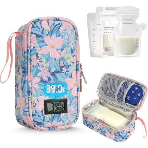 YOUSHARES Breastmilk Cooler Travel Bag with Digital Thermometer, Small Insulated Baby Milk Storage with 2 Ice Packs, Daycare and On-The-Go Moms （Pastel Flowers）