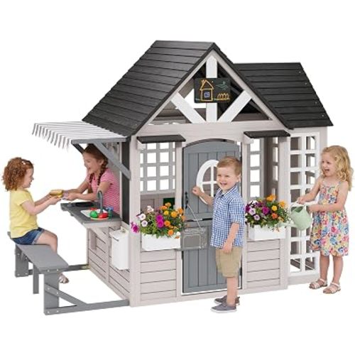 Albott Kids Outdoor Wooden Playhouse with Kitchen Playset, Backyard Cottage for Kids with Bench, Chalkboard, Pet Door, Wooden Mailbox and Flowerpot, Backyard Play House for Boys and Girls Ages 3-8