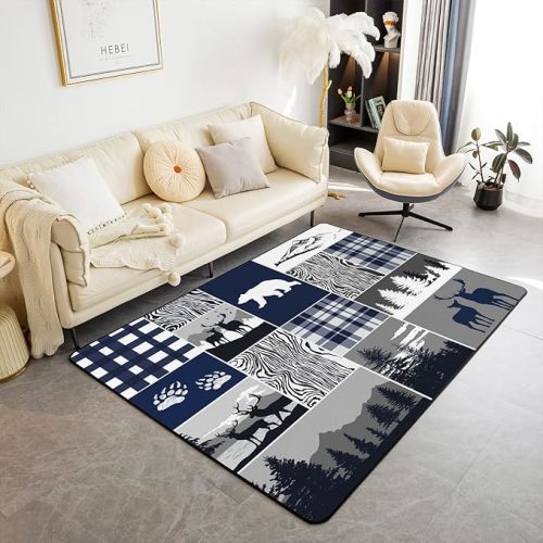 Buffalo Plaid Area Rug 5x7, Rustic Woodland Moose Rug, Vintage Deer Bear Carpet for Living Room, Buffalo Plaid Farm Animal Patchwork Non Shedding Decorative Rug, Black Grey