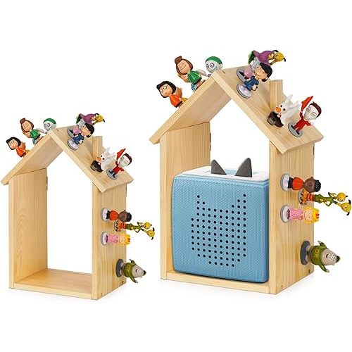 for Tonies Shelf Magnetic - for Tonies Figure Organizer Kids Room, Wooden Display Shelf for Tonies Box Holder, Wall Floating Shelves Toy Storage, House Shape Set of 2 with 38Pcs Adhesive Metal Plate