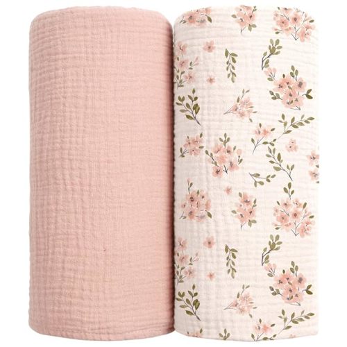 lulumoon Muslin Swaddle Blankets for Baby: 100% Cotton Receiving Blankets | Breathable Wrap for Newborn Swaddling - Nursery Gift for Baby Girls (Pink Apple Flower)