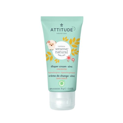 ATTITUDE Diaper Cream with Zinc & Oatmeal, Made in Canada, for Baby with Sensitive Skin, Plant & Mineral-Based, Dermatologically Tested Vegan, Unscented 75 g